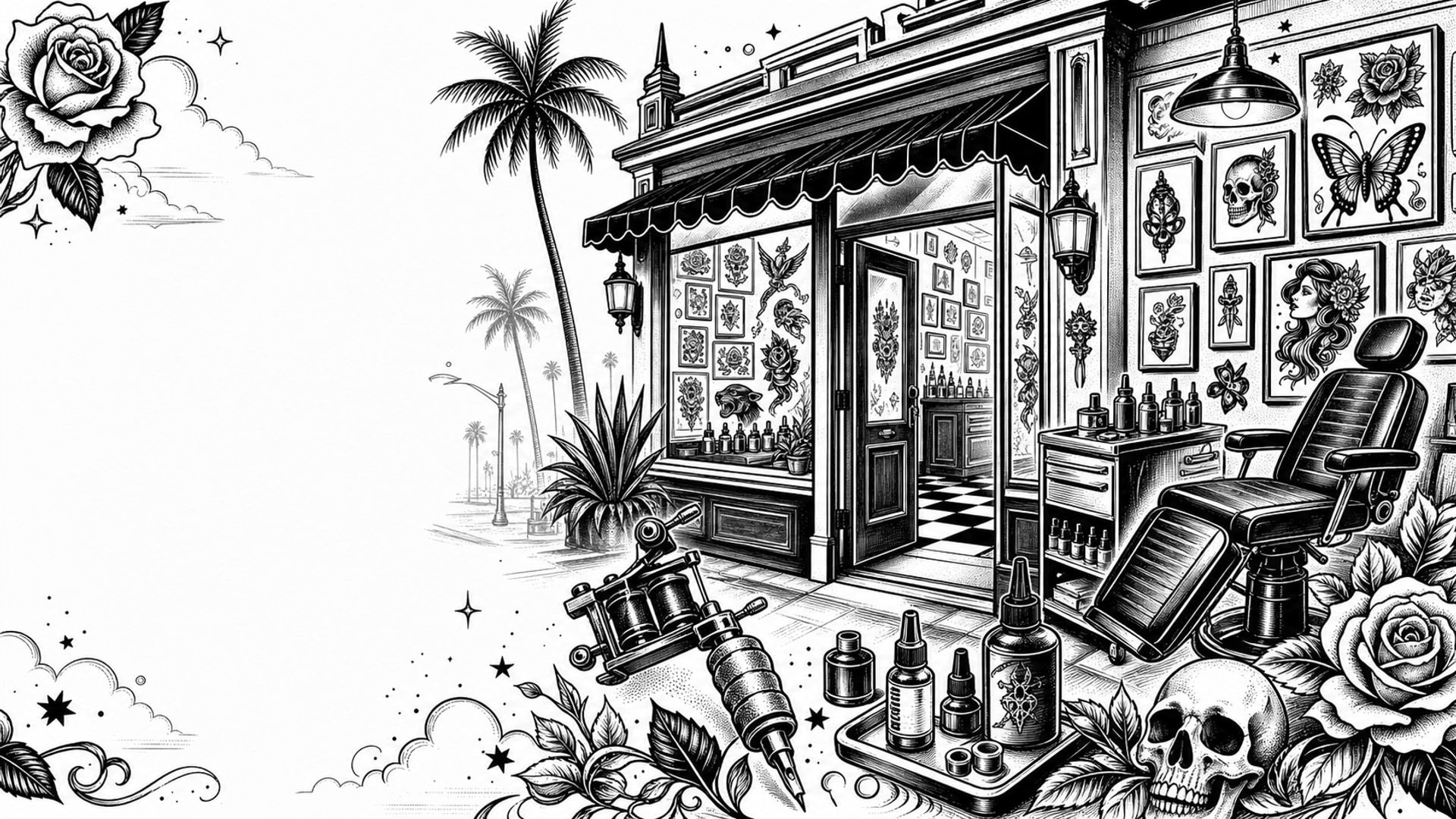 Black and white tattoo flash illustration of an American Ink inspired studio storefront