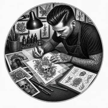 Black-and-white tattoo-flash style illustration of custom tattoo design drawing.