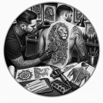 Black-and-white tattoo-flash style illustration of a large-scale tattoo composition being mapped to the body.