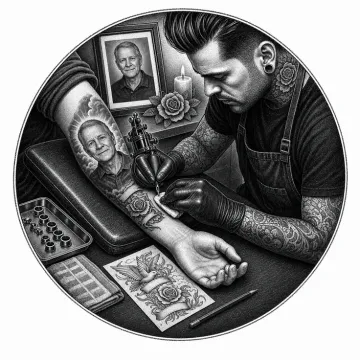 Black-and-white tattoo-flash style illustration of a memorial portrait tattoo.