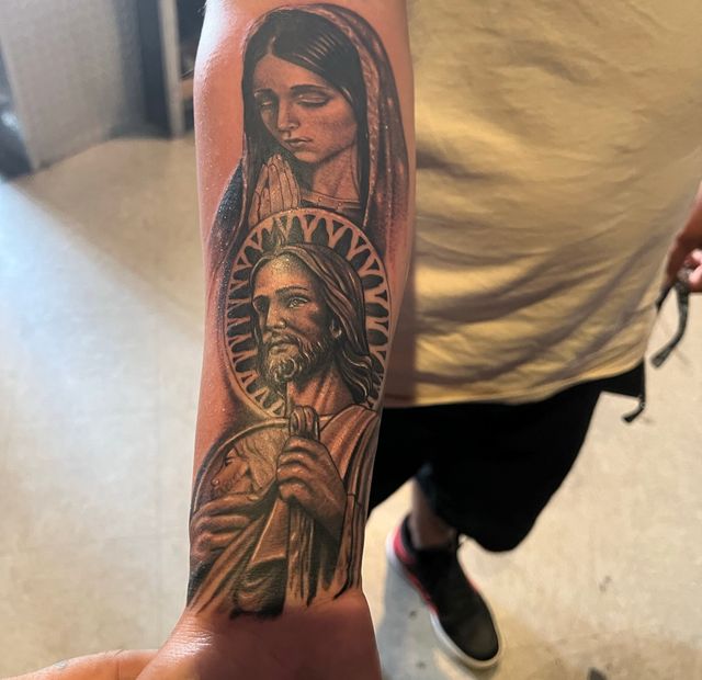Religious saint portrait tattoo finished as a cover-up at American Ink in Sherman Oaks