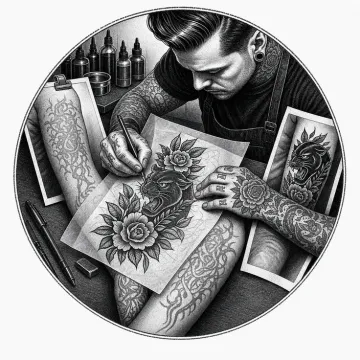 Black-and-white tattoo-flash style illustration of a cover-up design drawn over an older tattoo.