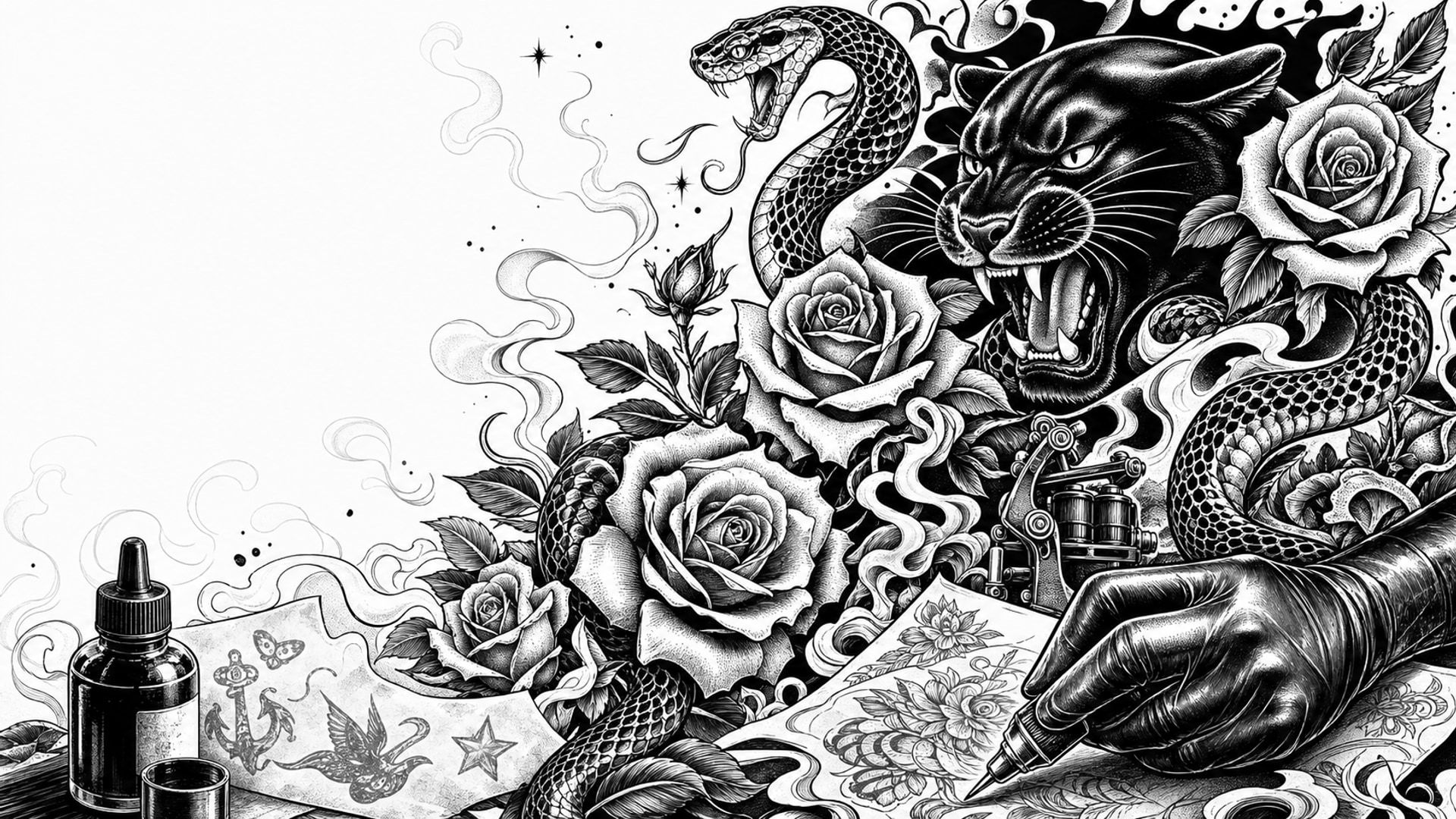 Black and white tattoo flash illustration with a panther, roses, snake, and cover-up sketch details