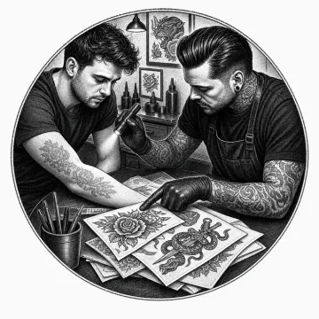 Black-and-white tattoo-flash style illustration of a cover-up consultation.