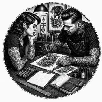 Black-and-white tattoo-flash style illustration of a cover-up quote consultation.
