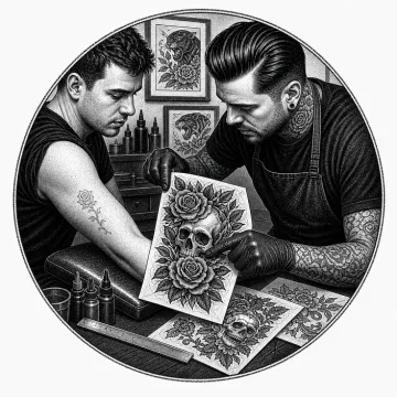 Black-and-white tattoo-flash style illustration comparing an old tattoo with a larger cover-up design.
