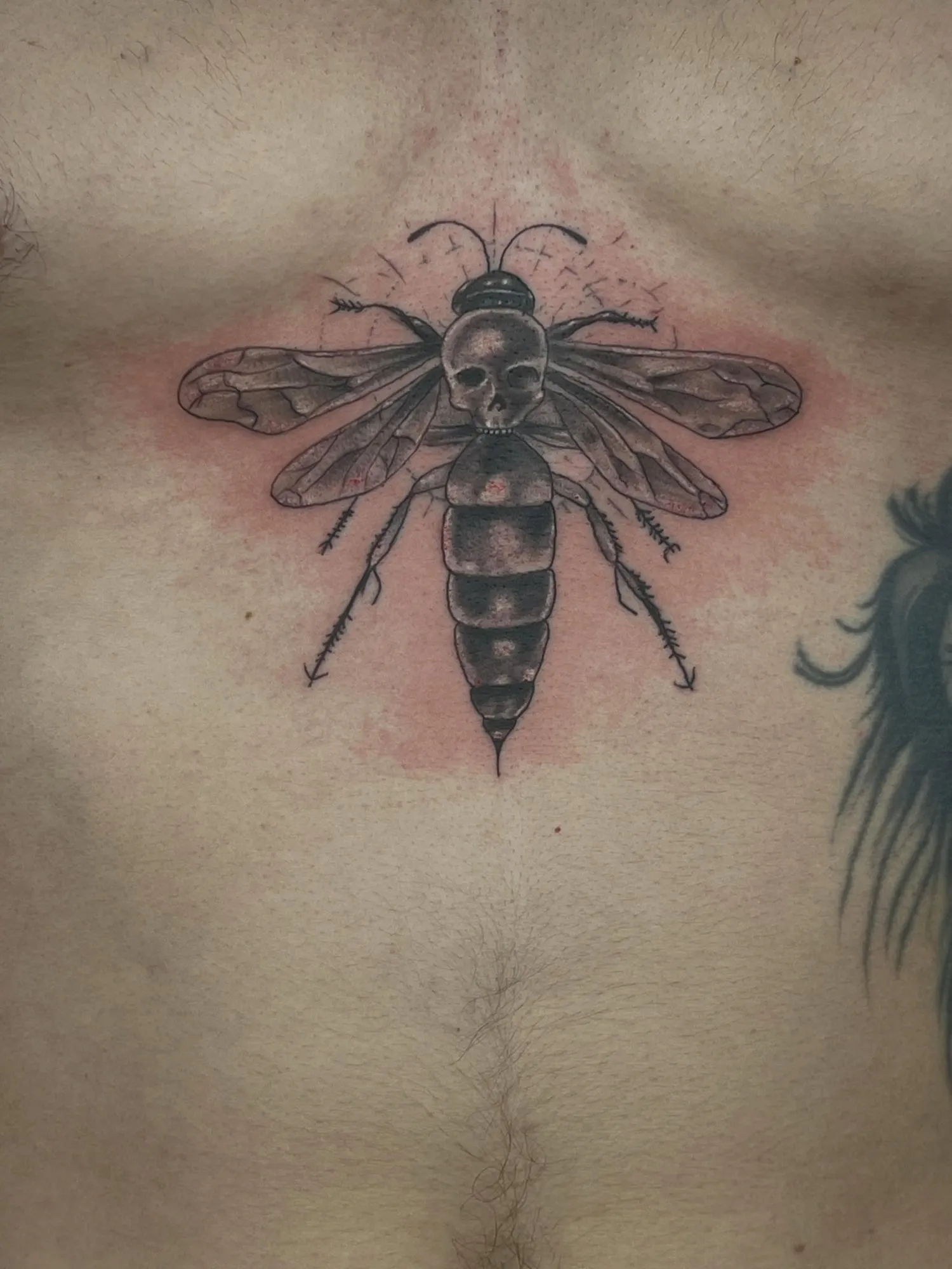 Black and grey winged insect chest tattoo with a human skull head and dotwork halo, tattooed by Josue at American Ink in Sherman Oaks.