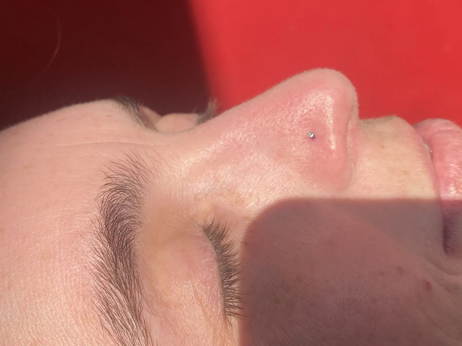 Close-up of a healed nostril piercing with a small gem stud, performed by Knives, piercer at American Ink in Sherman Oaks.