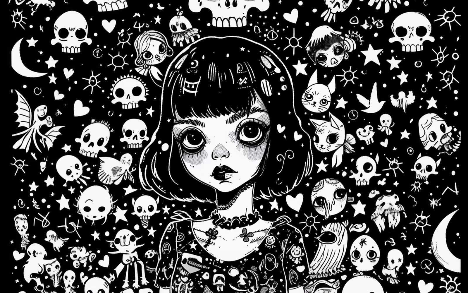 Black and white illustration by Knives of a wide-eyed girl surrounded by skulls, cats, and stars - original artwork by the American Ink tattoo artist.