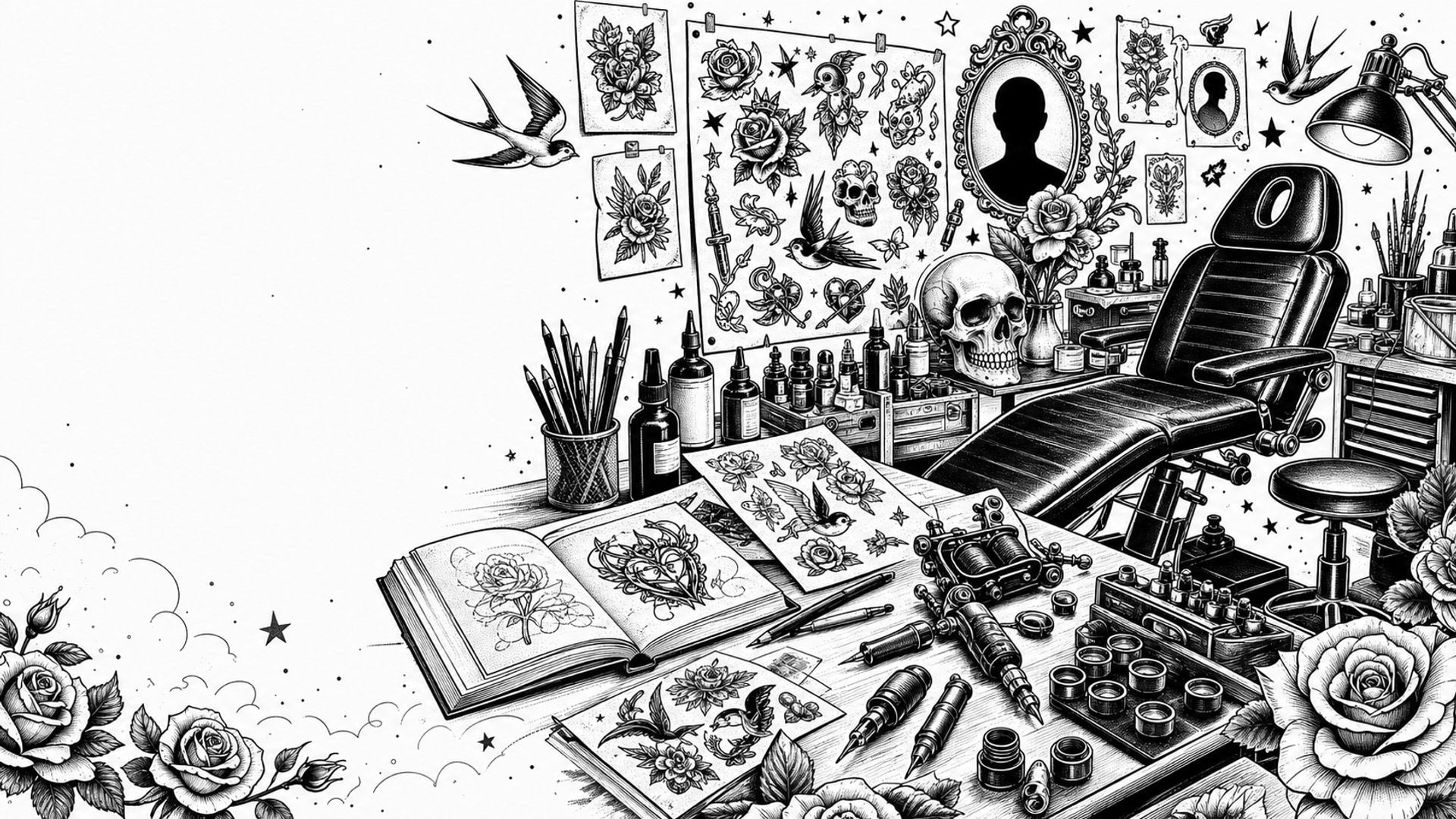 Black and white tattoo flash illustration of artist workstations, sketchbooks, tools, and flash art