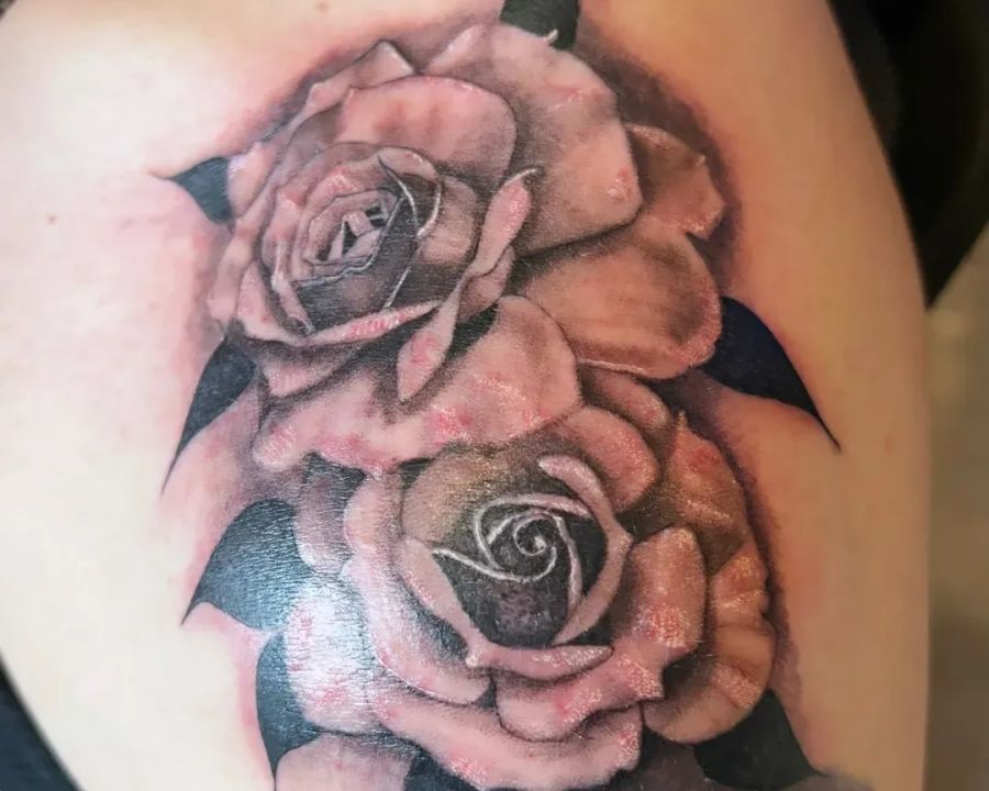 Soft black and grey roses on the back of the shoulder, from the American Ink studio
