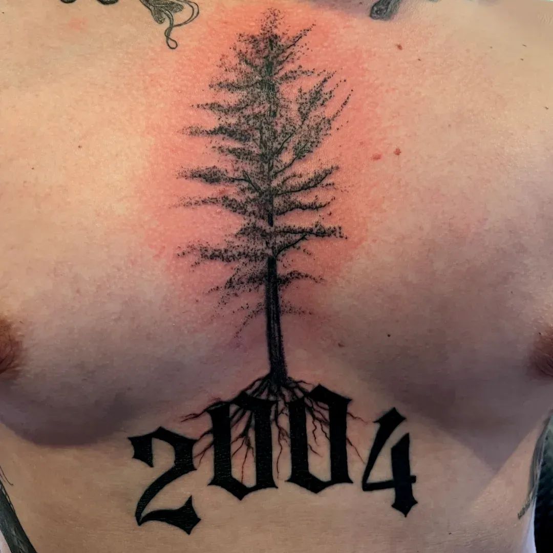 Dotwork pine tree with exposed roots above bold 2004 lettering, tattooed on the center chest at American Ink Tattoos in Sherman Oaks.