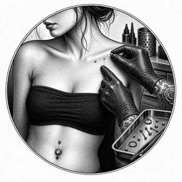 Black-and-white tattoo-flash style illustration of body and dermal piercing placement.