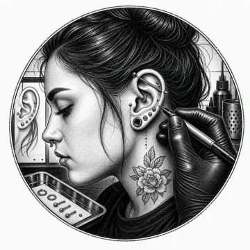 Black-and-white tattoo-flash style illustration of an ear with multiple piercings.