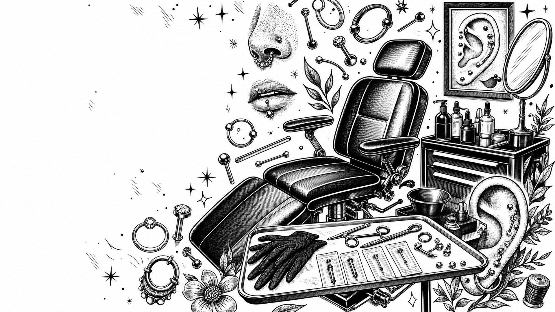 Black and white tattoo flash illustration of a piercing chair, jewelry tray, gloves, and studio tools