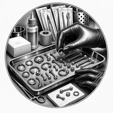 Black-and-white tattoo-flash style illustration of piercing jewelry and aftercare supplies.