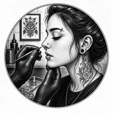 Black-and-white tattoo-flash style illustration of facial piercings in profile.