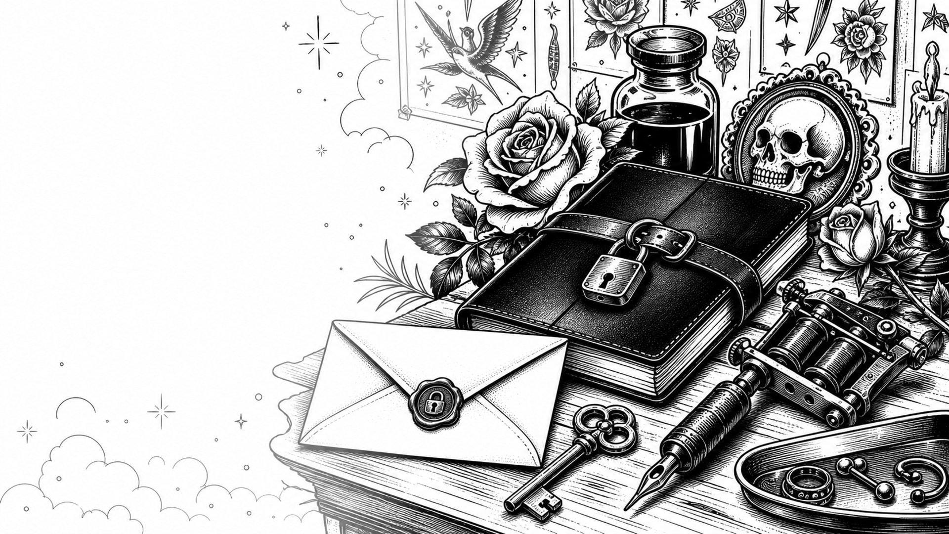 Black and white tattoo flash illustration of a sealed envelope, lock, key, notebook, and studio tools