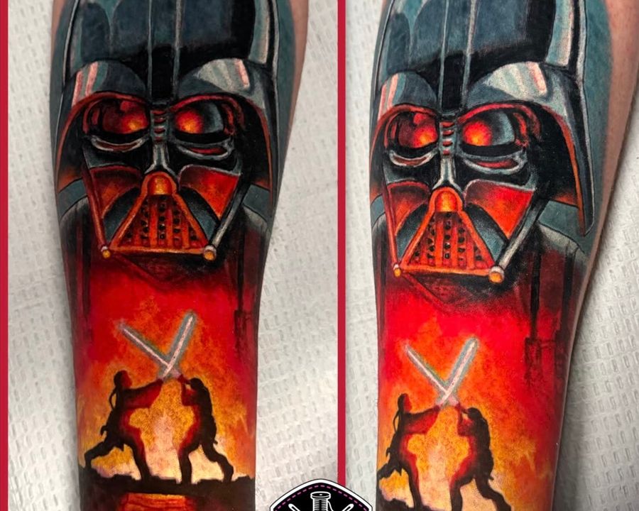 Color realism Darth Vader forearm tattoo above the Mustafar duel, tattooed by Rask