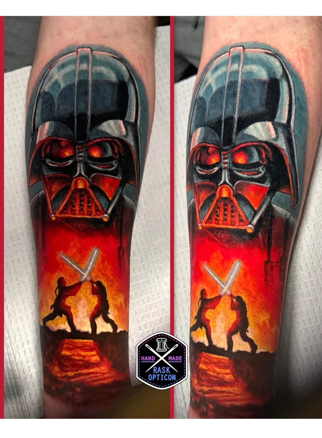 Color realism tattoo of Darth Vader above the lightsaber duel on Mustafar, shown fresh and healed, tattooed by Rask Opticon at American Ink in Sherman Oaks.