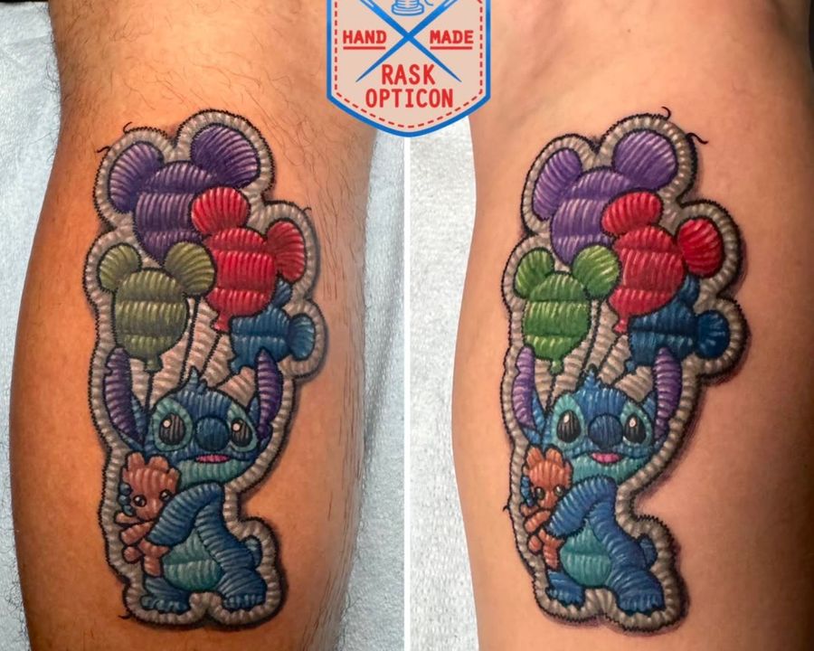 Embroidery patch-style Stitch holding Mickey balloons, tattooed by Rask in Sherman Oaks