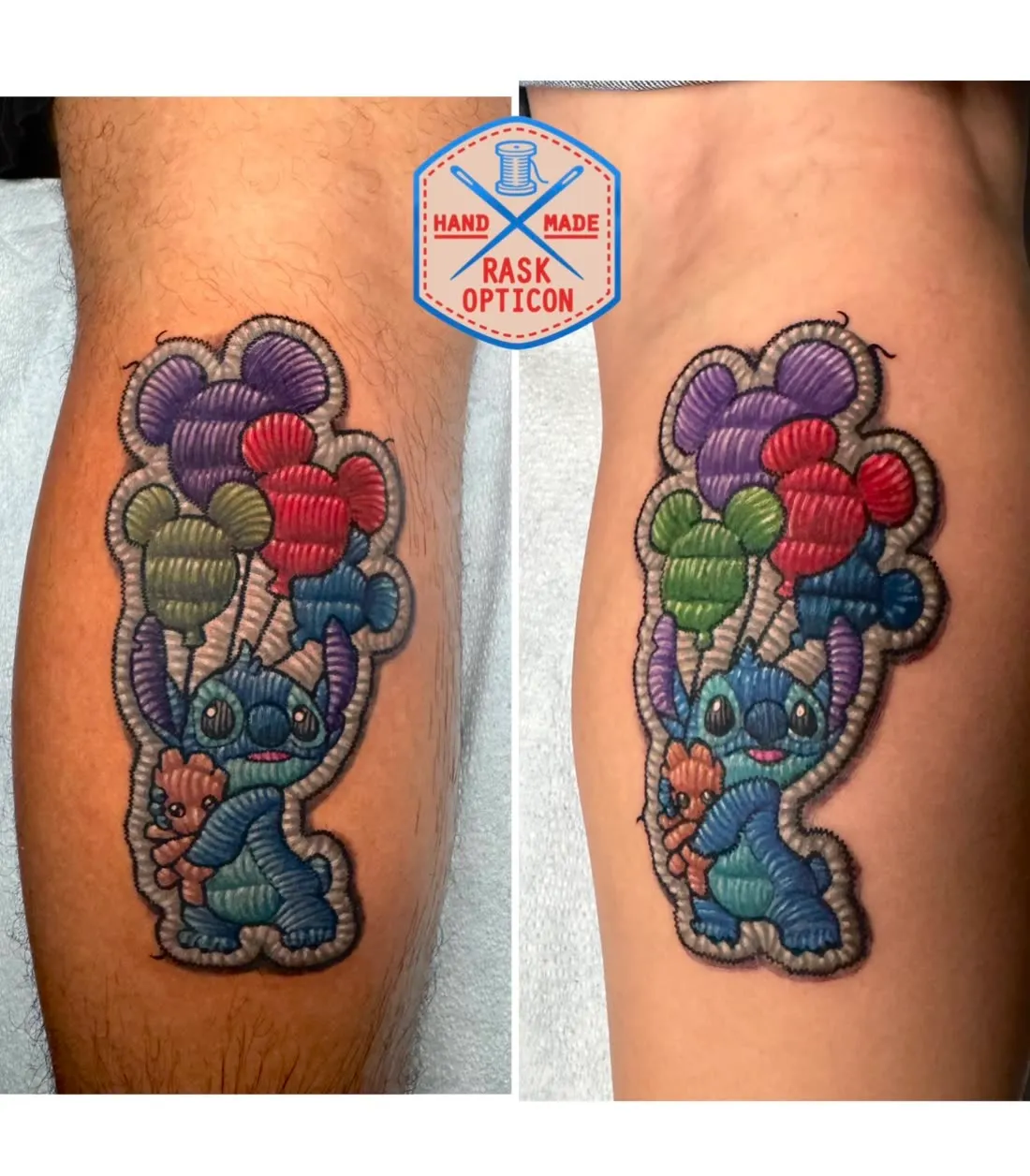 Embroidery patch-style tattoo of Stitch from Lilo & Stitch holding Mickey-shaped balloons, shown fresh and healed, tattooed by Rask Opticon at American Ink in Sherman Oaks.