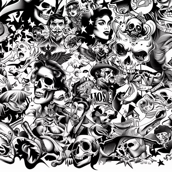 Black and grey flash collage of skulls and pin-ups from the American Ink studio walls