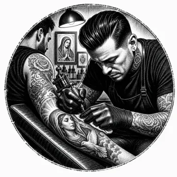 Black-and-white tattoo-flash style illustration of a realistic portrait tattoo session.