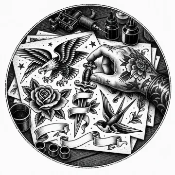 Black-and-white tattoo-flash style illustration of traditional tattoo designs on a studio table.