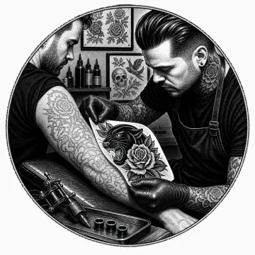 Black-and-white tattoo-flash style illustration of a cover-up tattoo stencil being placed.
