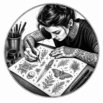 Black-and-white tattoo-flash style illustration of an artist drawing fine-line patchwork designs.