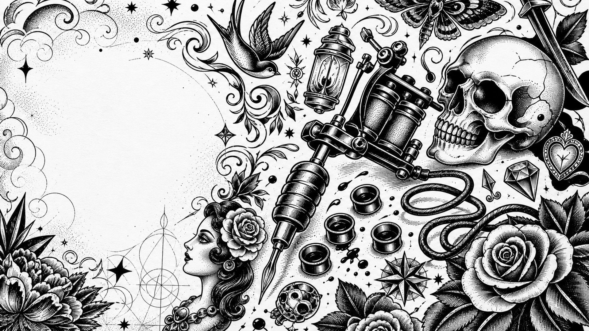Black and white tattoo flash illustration with a tattoo machine, skull, roses, ink caps, and ornamental linework