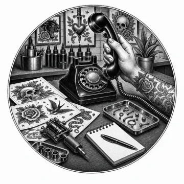 Black-and-white tattoo-flash style illustration of a phone beside tattoo and piercing tools.