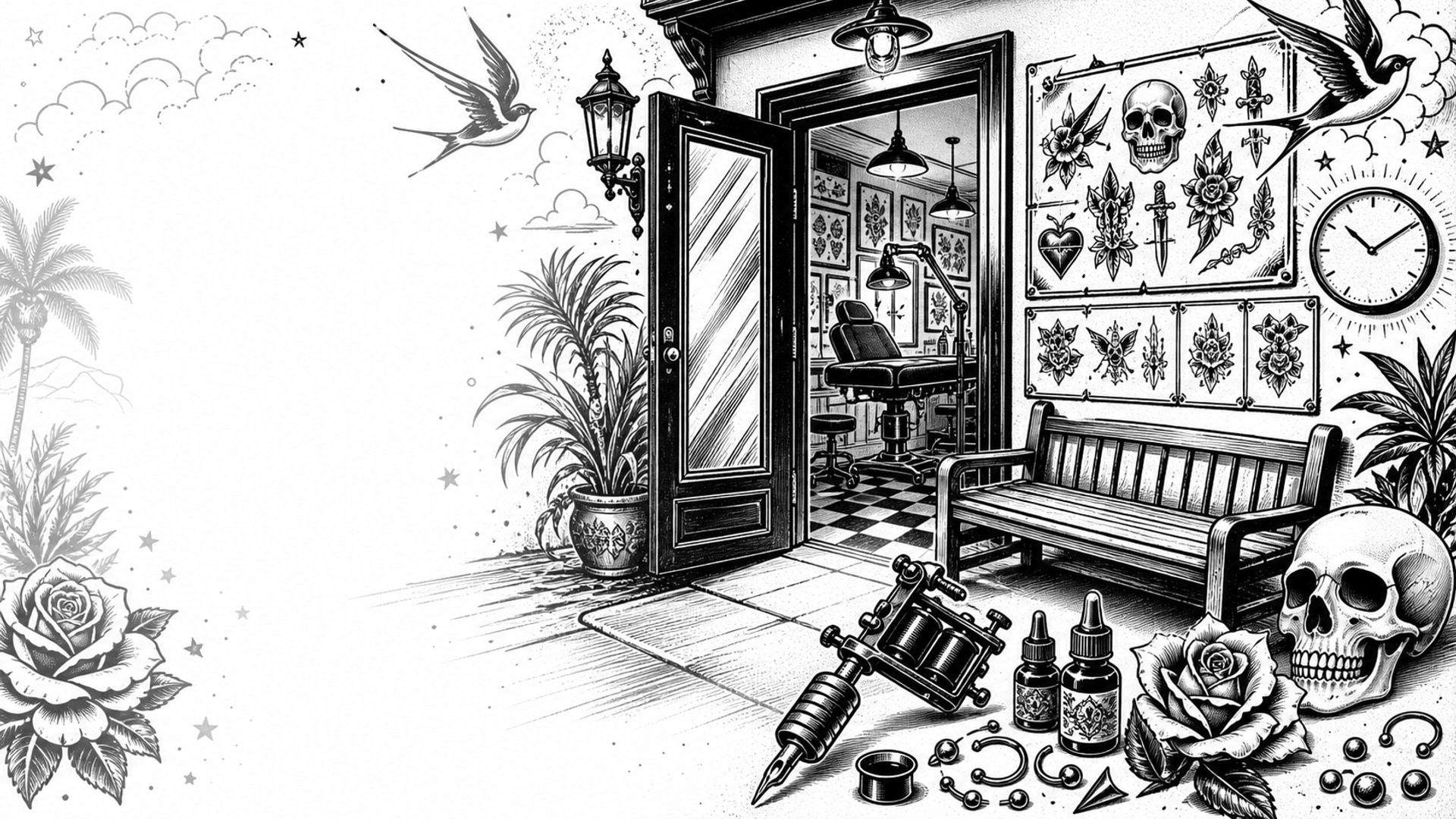 Black and white tattoo flash illustration of an open studio doorway, waiting bench, flash wall, and tattoo tools