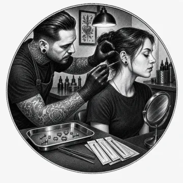 Black-and-white tattoo-flash style illustration of a quick piercing appointment.