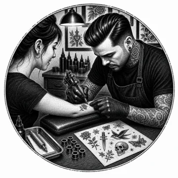 Black-and-white tattoo-flash style illustration of a small same-day tattoo session.
