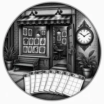 Black-and-white tattoo-flash style illustration of a tattoo studio storefront with a clock and calendar.