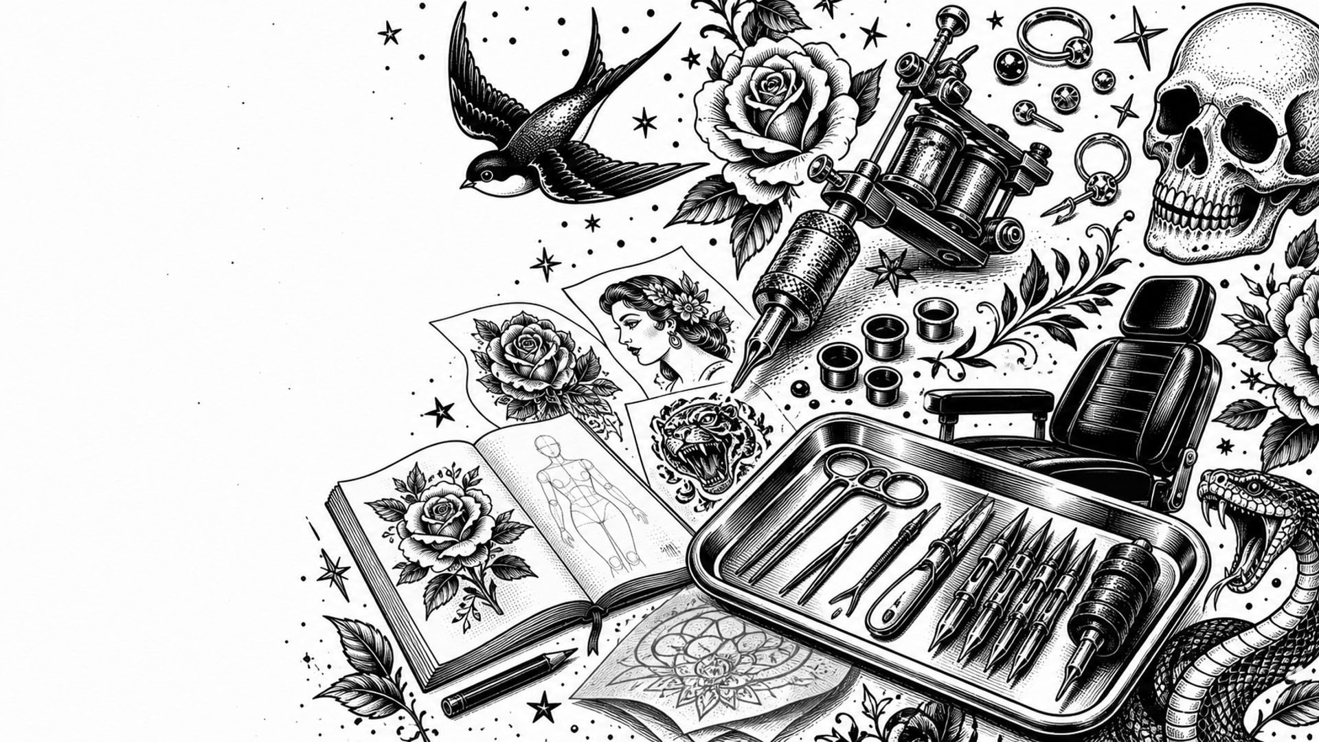 Black and white tattoo flash illustration of tattoo tools, piercing jewelry, flash sheets, roses, and skull artwork